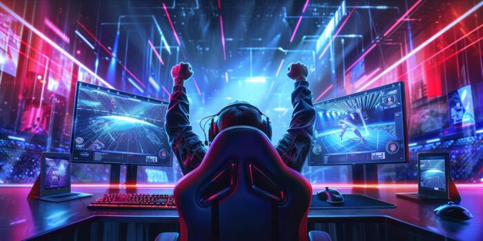 ai generated futuristic esport background for gaming live streaming esport game tournament competition neon banner photo “Pro esports gamer celebrating victory at futuristic dual-monitor gaming setup with neon lights and stadium crowd in the background.”